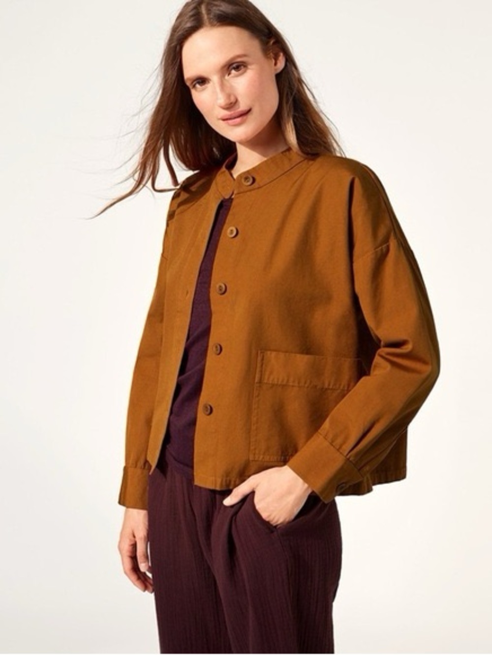 Eileen Fisher Rust Orange Mandarin-Collar Utility Jacket